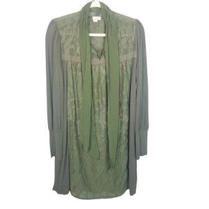 Anthropologie Tiny Womens M Green Mini Dress Tunic Top Tie Neck Long Sleeves